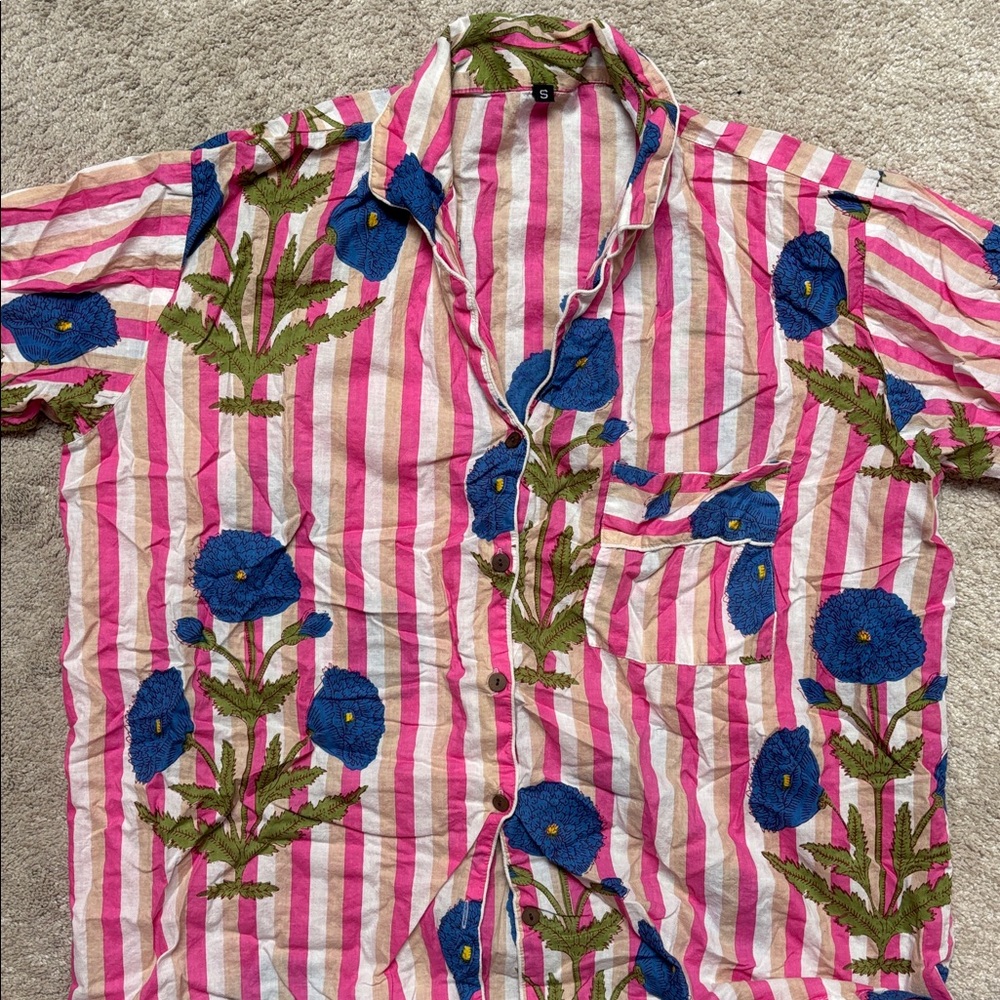 Striped Pink & White Pajama Set with Blue Floral Embroidery